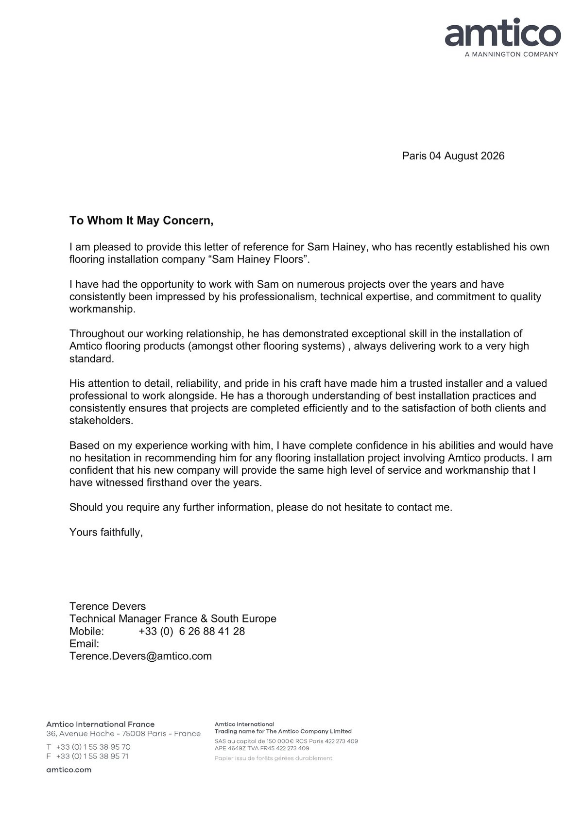 Recommendation letter from Terence Devers, Technical Manager, France & South Europe, Amtico
